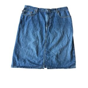 Vintage Polo Ralph Lauren Denim Midi Skirt 90s Y2K Back Slit USA Flag
